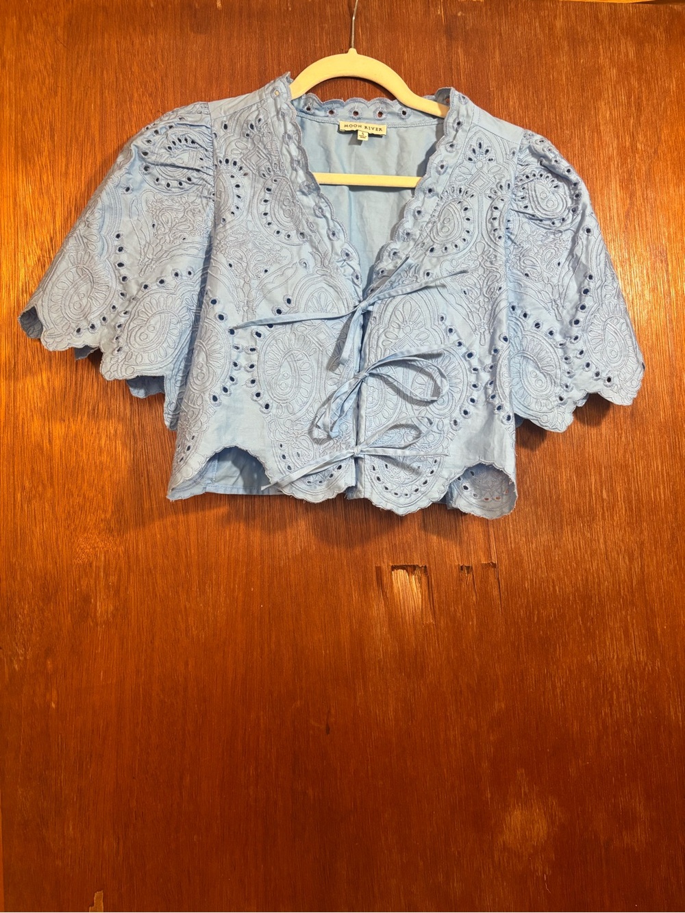 Moon River Light Blue Eyelet Tie-Front Crop Top